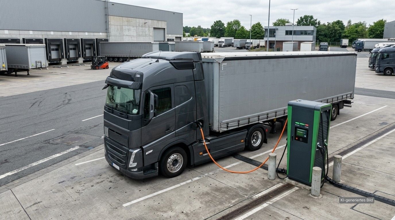 E-Lkw lädt an einer Ladesäule im Depot